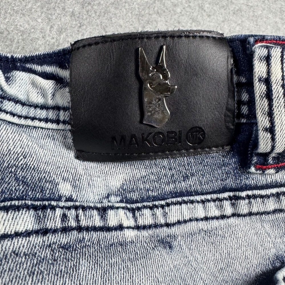 Makobi Biker Jeans Mens 44x32 Blue Acid Wash Distressed Side Stripe M1743 Moto - Picture 9 of 11